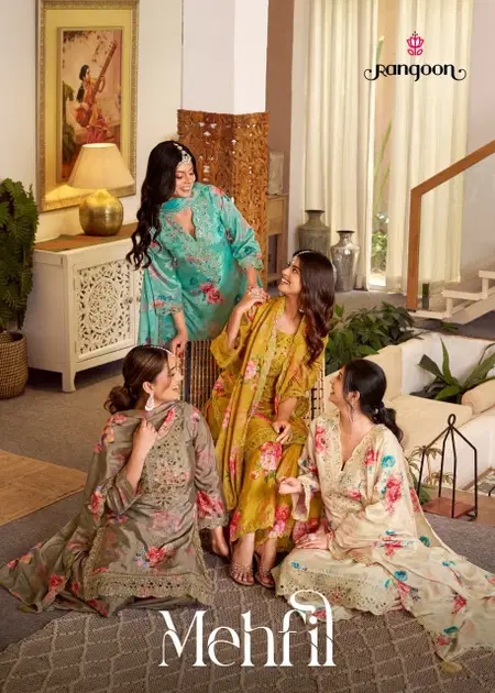 Mehfil By Rangoon Chinon With Print Fancy Work Top With Bottom Dupatta